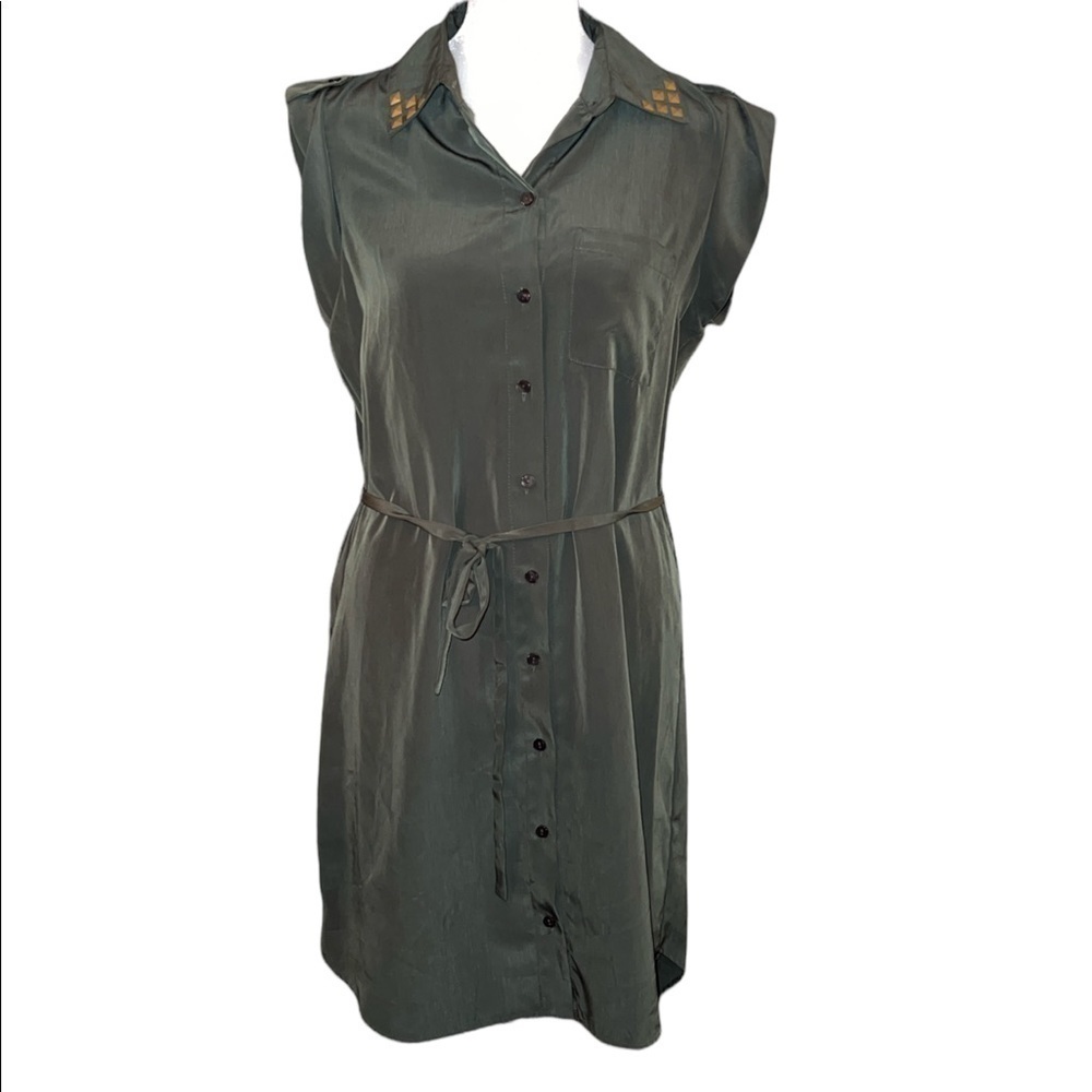 A. Byer Women Olive Green Studded Collar Sleeveless Button Front Tie Waist Dress